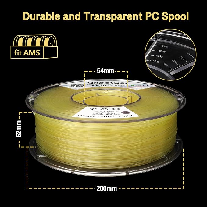 YXPOLYER PVA Filament 1.75mm 1kg Support Material for PLA, PETG, ABS, Fast Water Soluable in 6 Hours, AMS-Compatible Spool