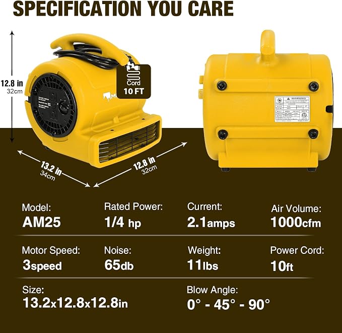 MOUNTO 1/4hp 1000CFM 2 Speed Air Mover Carpet Dryer Floor Fan Cooling Fan (Yellow)