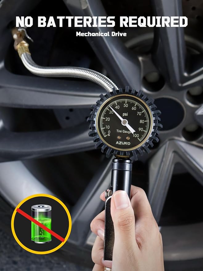 Analog Tire Inflator Gauge with Steel Braided Hose, 100 PSI Mechanical Tire Pressure Gauge – 3-in-1 Inflate/Deflate/Measure, 2.6" Glow Dial, Air Chuck for Car, Truck, SUV, RV, Bike (with Case)