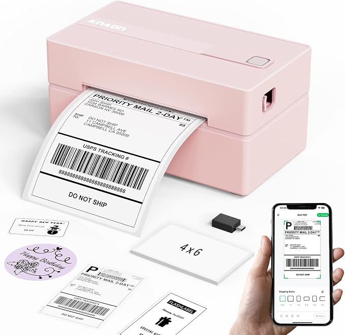KNAON Bluetooth Thermal Shipping Label Printer, 4x6 Portable Thermal Address Label Printer for Small Business, Compatible with iPhone,Android,Windows,Mac,–Works with Etsy Shopify USPS&More, Pink