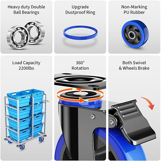 4 Inch Caster Wheels, Casters Set of 4 Heavy Duty, Locking Swivel Casters with Brake, Industrial Plate Casters Wheels Include Free Hardware Kits for Workbench, Furniture, Cart