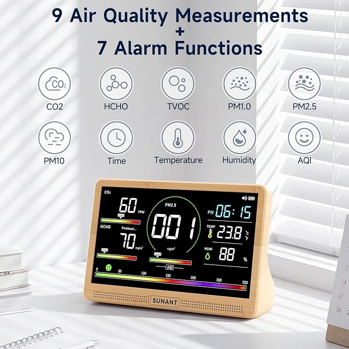 16-in-1 Air Quality Monitor Indoor, 7' Smart Large Display 9 AQI+7 Alarm Alerts, Real Time CO2, Formaldehyde, TVOC, PM2.5, PM10, Temperature & Humidity Portable Battery Powered Tester for Home, Office