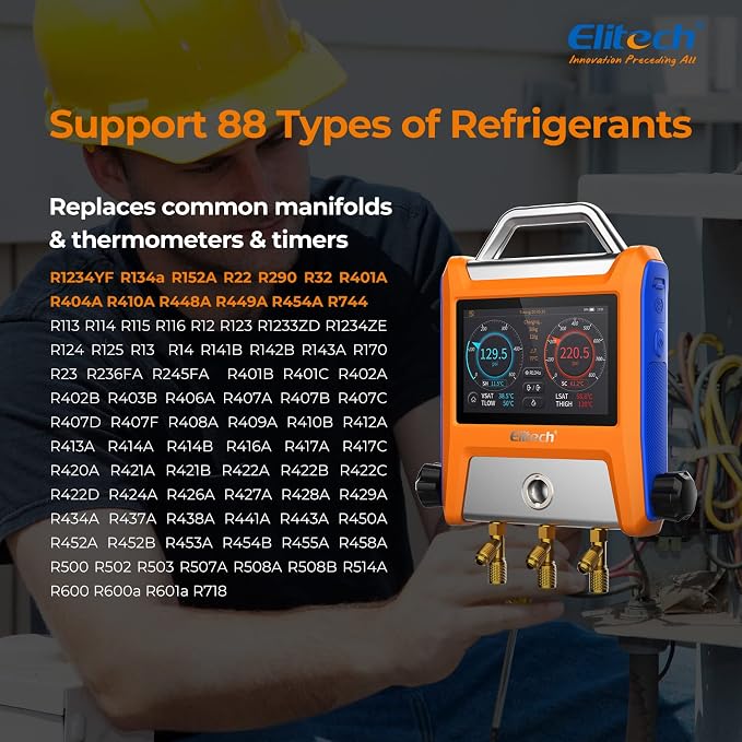 Elitech EMG-20V Intelligent HVAC Digital Manifold Gauge Three Port with Vaccum Sensor Thermometer Clamps Hoses