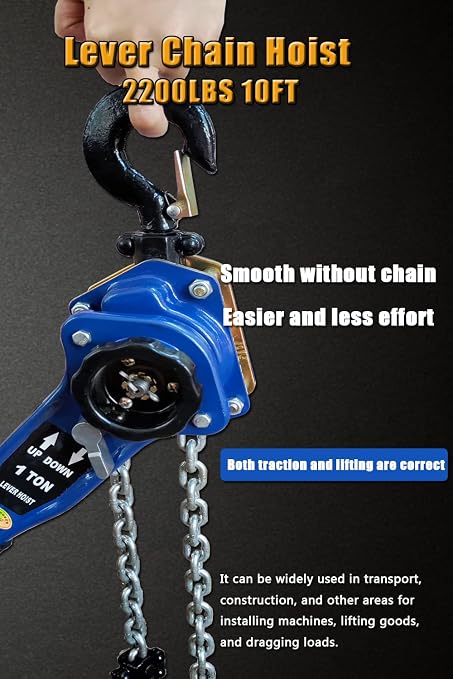 Lever Chain Hoist 2200LBS 10FT, 1T 3M Lever Chain Hoist 1 ton Commercial Portable Hooks for Building Garages Warehouse Automotive Machinery【1T/3m】