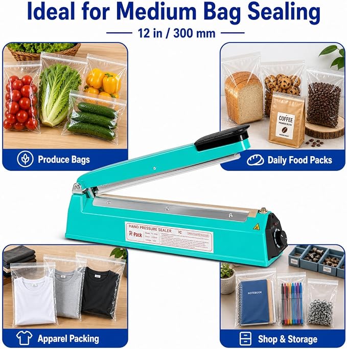 Impulse Heat Sealer with Seal bar, Heavy-Duty Bag Sealing & Cutting Machine, 2 Extra Replacements (blue, 12inch)