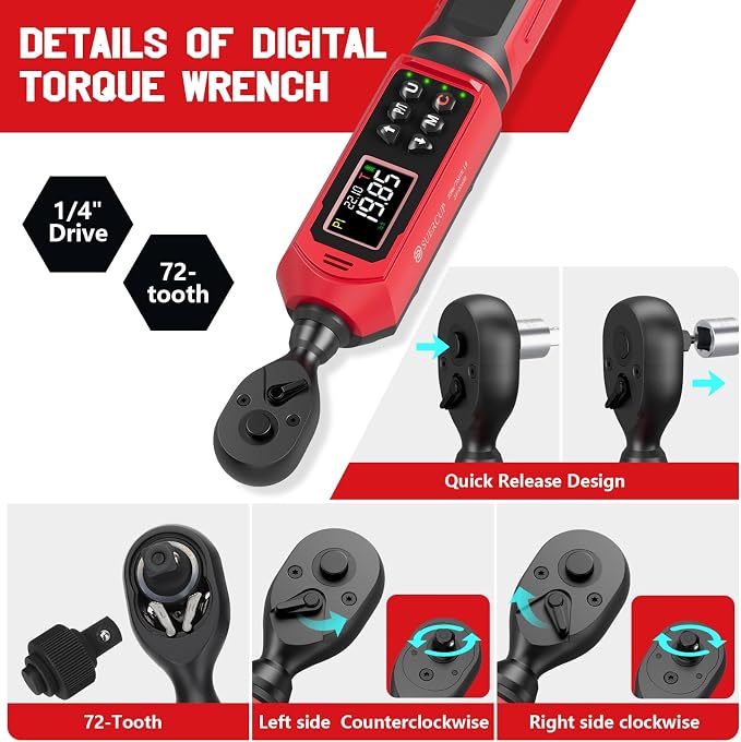 SUERCUP 1/4" Digital Torque Wrench, 0.33-22.1Ft.Lb/0.45-30N.m, for Bicycle | ±1% Accuracy Electronic Torque Wrench with Vibration/Buzzer/LED Flash, 9 Presets & 5 Units, for Carbon Bike & Moto Assembly