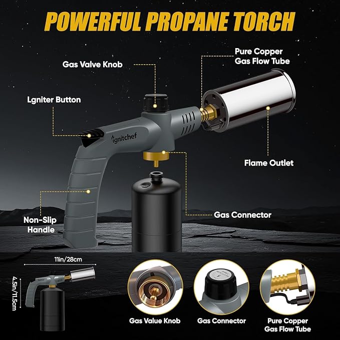 Propane Torch Gun with Adjustable Flame, Blow Torch Gun for BBQ, Campfire Starter, Welding, Searing Steak (Propane Tank Not Included)