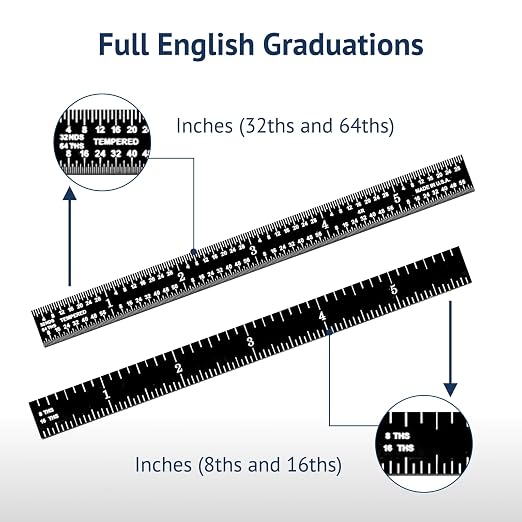 PEC Tools 6-inch Flexible Metal Ruler (3 Pack), High Contrast Machinist Rule, 4R Graduation (1/8", 1/16", 1/32", 1/64"), 6" Stainless Steel Ruler with Black Chrome Finish, Easy to Read, Made in USA