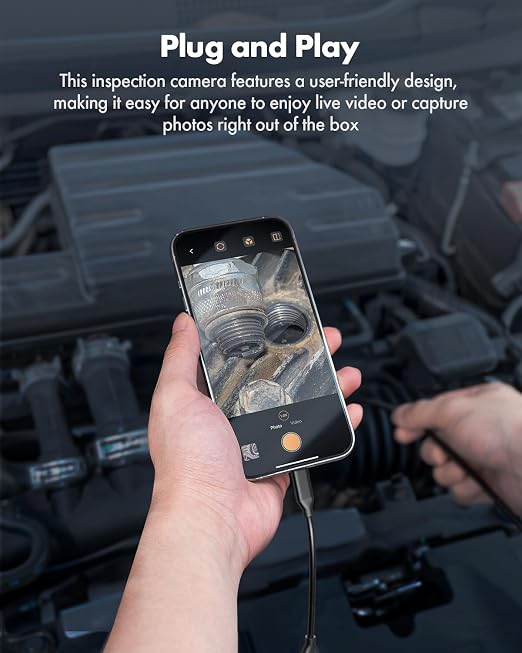 Anykit Endoscope Camera with Light, 1920P HD Borescope with 8 Adjustable LED Lights, Semi-Rigid Snake Camera with Light, IP67 Waterproof Inspection Cam for iPhone & Android, 50 ft Single Lens