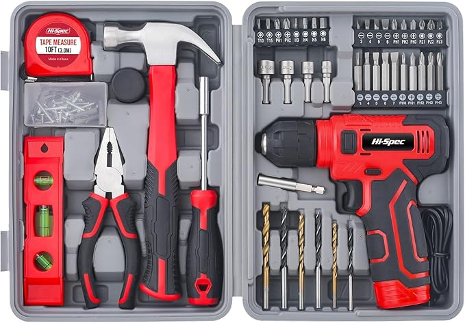 Hi-Spec 8V Cordless Drill Set & Starter Tool Kit – Rechargeable USB Electric Power Drill Driver, Compact Home Tool Set with Accessories, Red, Perfect for DIY Enthusiasts