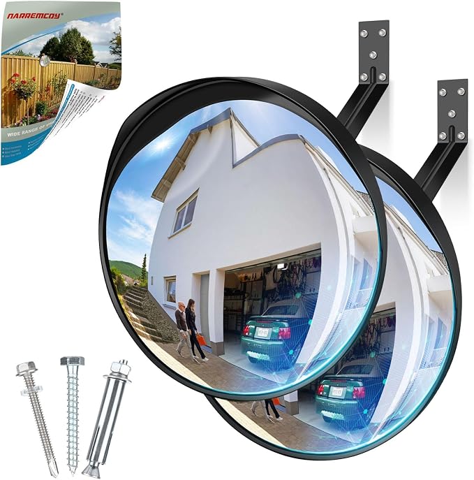 2 Pack 12 Inch Acrylic Convex Mirror with Rain Shield, Adjustable Wide Angle Security Mirror Indoor Outdoor, Blind Spot Traffic Mirror for Garage, Warehouse, Driveway, Store, Office Safety