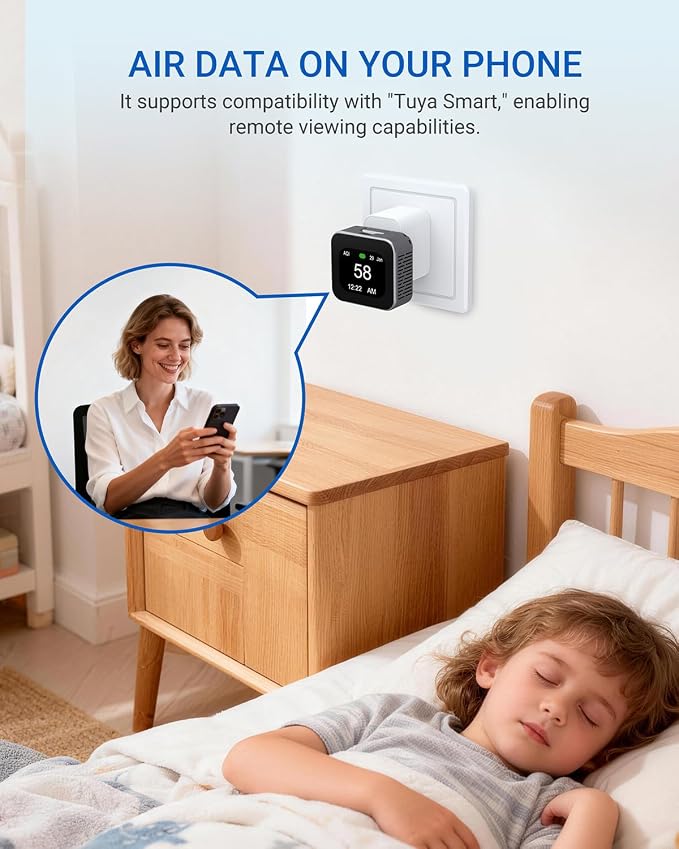 Air Quality Monitor, Plug-in Air Tester for PM2.5, PM10, CO2, TVOC, Temperature, Humidity, Air Detector with App Control and Customizable Alerts, Portable for Home, Office, RV, Camping