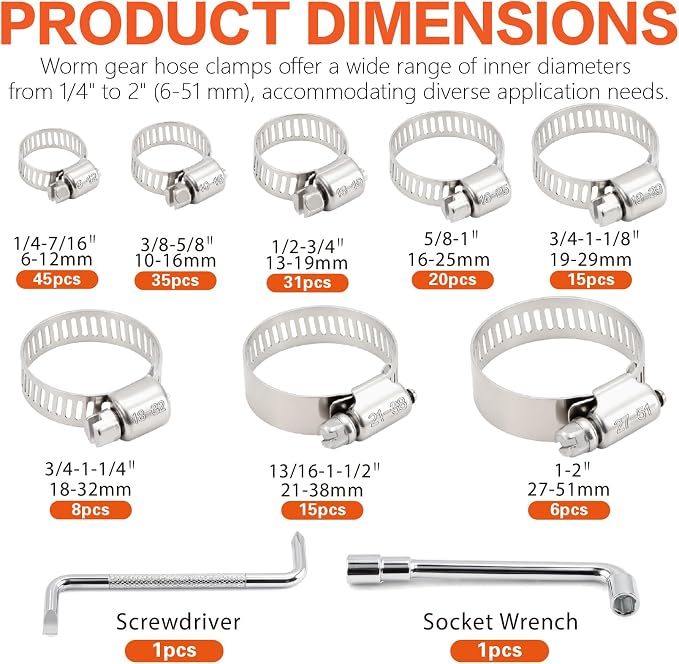 175-Piece 304 Stainless Steel Anti-Rust Hose Clamp Assortment Kit - (1/4"-2" | 6-51mm) Worm Gear Clamps with Socket Wrench & Organizer Box for Automotive, Fuel Line, Marine, Radiator, Plumbing
