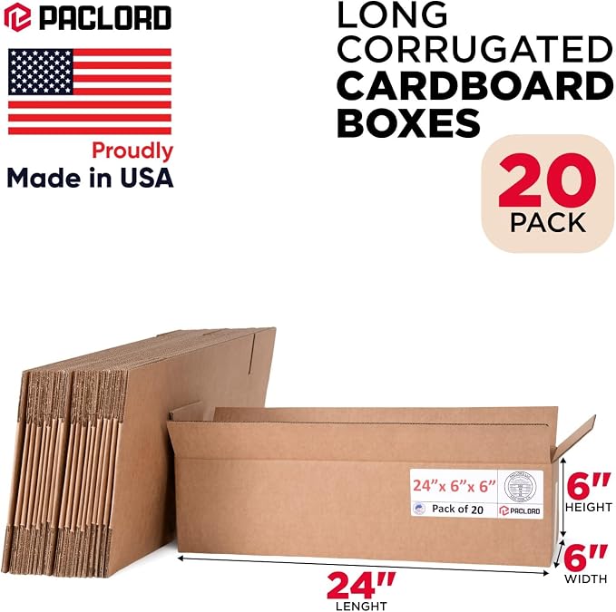 Long Cardboard Boxes 24"L x 6"W x 6"H (Pack of 20) - USA-Made Packing Boxes for Moving, Shipping, or Storage - USPS, UPS, FedEx Approved - Professional Packing Supplies for Moving | USA-Made Packing Boxes for Moving, Shipping, or Storage - USPS, UPS, F...