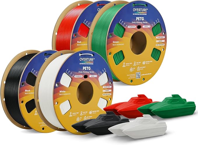 OVERTURE PETG Filament 1.75mm Bundle 4kg, High Speed 3D Printer Filament, Neatly Wound & Clog-Free, 4 Pack 1kg(2.2lbs), Accuracy +/- 0.02mm, Fit Most FDM Printers (Black+White+Red+Green)