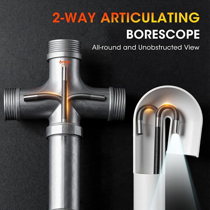 Two-Way Articulating Borescope, 1080P HD Endoscope Camera with 5" IPS Screen, IP67 Waterproof 0.23in Slim Probe Inspection Camera with Adjustable Light, for Automotive Pipe Sewer 32GB SD Card