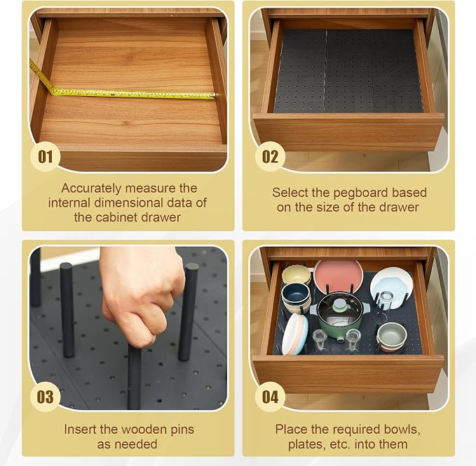Kigley 6 Pcs Wood Pegboard Drawer Organizer with 48 Pegs Wooden Peg Board System Peg Drawer Organizers for Kitchen Dishes Plate Pegboard Food Containers(Dark Gray,21x5.91,Pine)