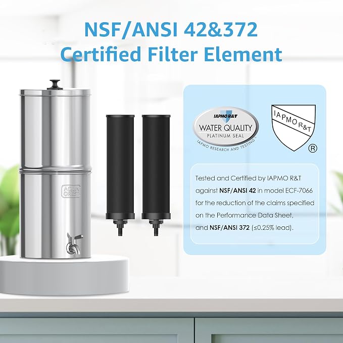 AQUA CREST TN-A-FS Gravity Water Filter System, NSF/ANSI 42&372 Certified Filters of 4, Reduce Fluoride and Chlorine, Stainless Steel Water System for Home, Emergencies, 2.25G