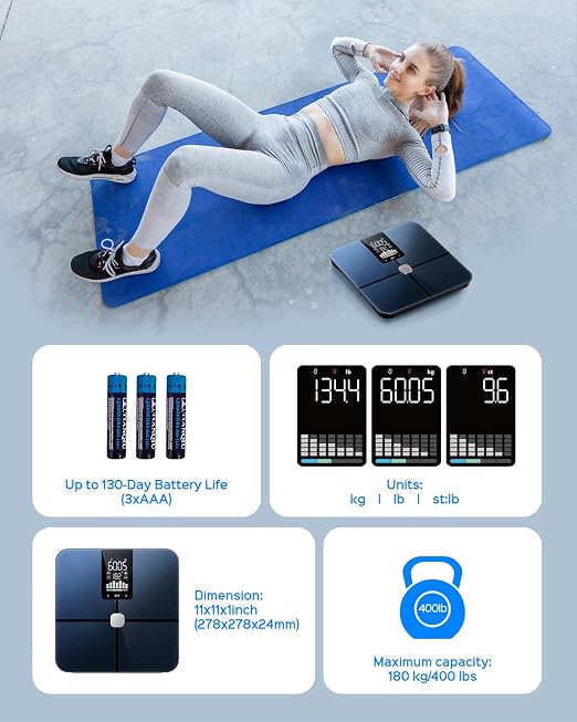 Smart Scale for Body Weight, Accurate Body Composition Scale with BMI, Body Fat, Muscle Mass, Digital Bathroom Scale with 7-in-1 Large LED Display, 20 Body Metrics Sync App, 400lb