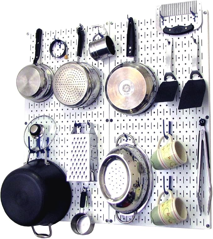 Wall Control Kitchen Pegboard Organizer Pots and Pans Storage Rack Organization Kit with White Pegboard and Blue Accessories