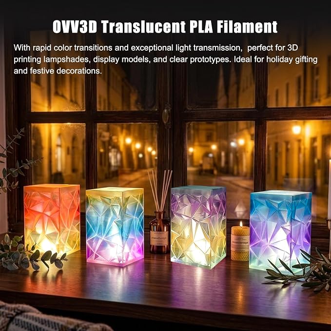 OVV3D Transparent PLA 3D Printer Filament Bundle 250g x 4 Spools, Multicolor Clear PLA Filament 1.75mm Pack, Translucent Color Change 3D Printing Filament, Vibrant Gradient Pastel Filament