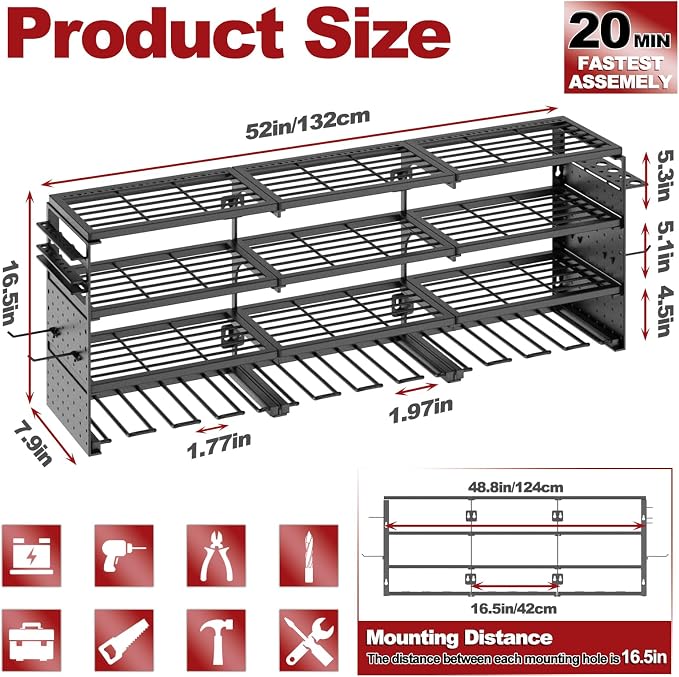 52" W Large Power Tool Organizer Wall Mount -4 Layer Heavy Duty Power Tool Rack,Tool Organizer Storage for Workshop Garage Basement,12 Cordless Tool Organizer