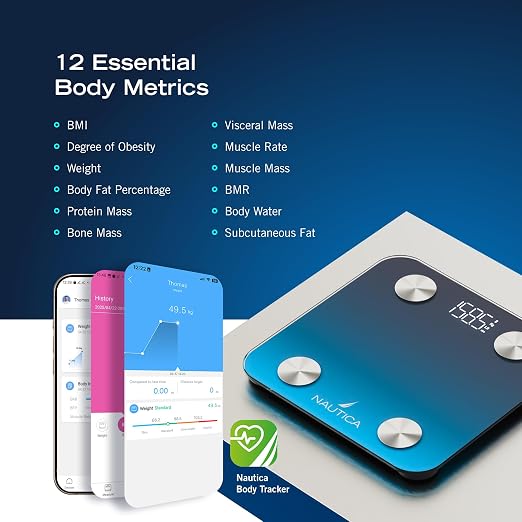 Nautica Body Tracker Digital Bathroom Scale, Bluetooth-Enabled Smart Scale with BMI, Body Fat, Muscle Mass Tracking & More, Syncs with Smartphone App for Body Composition Tracking, 396 Lbs.