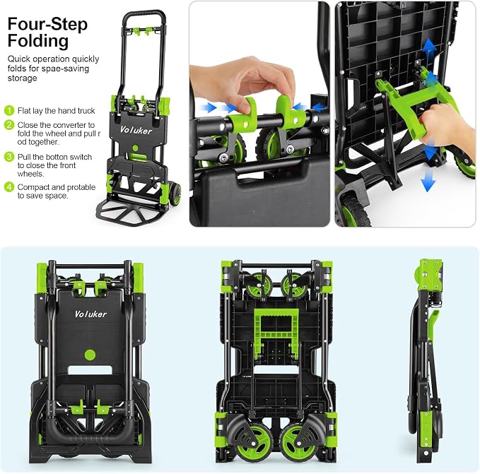 330LB Folding Hand Truck Moving Dolly, Hand Trucks Heavy Duty Combination of 4 Wheels and 2 Wheels Convertible Dolly Cart with Retractable Handle Dolly for Moving Office Carts(Green)