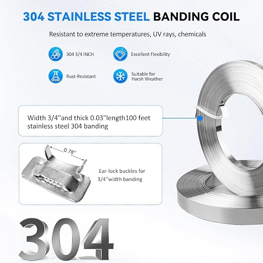 Stainless Pallet Strapping Kit，Metal Strapping Tool，Steel Trapping Tool Combines，The 304 Steel Strapping Banding Kit Includes 100 Metal Buckles & a Pair of Anti-Cut Gloves，Cable Ties 100 feet Long×2