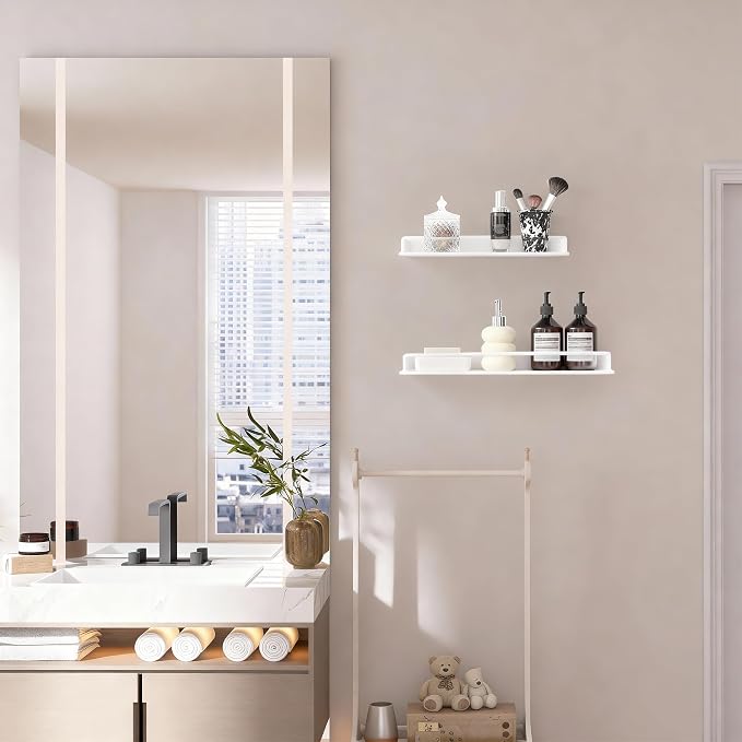 RFOUO 12 Inch White Metal Wall Shelf with Guard Rail, Wall Mounted Bathroom Shelf, Aluminum Floating Shelf for Skincare Perfume Spice, Small Display Shelf for Bedroom Kitchen, 1 Pack