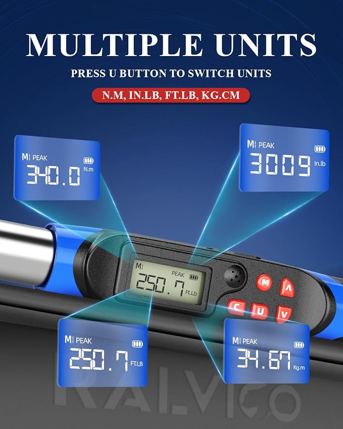 1/2 Drive Digital Torque Wrench ±2% Accuracy 4 Unit For Car Repair | 12.54-250.7ft-lb (17-340 N.m)，4 Unit: N·m, in-lb, ft-lb, kg·m，Extended Design：26.5”，Peak & Track Modes，LED & Buzzer Alarm