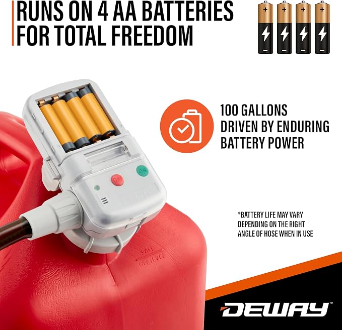 Deway AA Battery Gas Pump Automatic Fuel Transfer with Auto-Stop Nozzle & PVC Hose - 2.2 GPM Siphon Pump for Gasoline, Diesel, Kerosene, Gas Cans, Generators, Lawn Mowers, Boats, ATVs