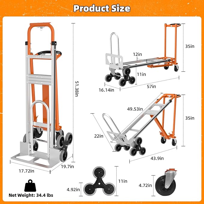 Aluminum 4 in 1 Convertible Hand Truck Dolly Cart with Wheels, 1000Lbs Capacity, Heavy Duty Stair Climbing Hand Trucks with Bungee Cord&Strap for Flat Ground & Stairs, Logistics, Home, Office, Orange