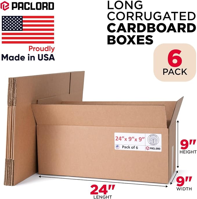 Long Cardboard Boxes 24"L x 9"W x 9"H (Pack of 6) - USA-Made Packing Boxes for Moving, Shipping, or Storage - USPS, UPS, FedEx Approved - Professional Packing Supplies for Moving | USA-Made Packing Boxes for Moving, Shipping, or Storage - USPS, UPS, Fe...