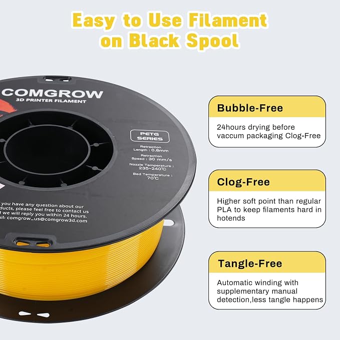 Comgrow PETG 3D Printer Filament 1.75mm, High Precision and Tough 3D Printer Filament 1kg (2.2LBS), Dimensional Accuracy +/- 0.02 mm, Fit Most 3D Printers Yellow