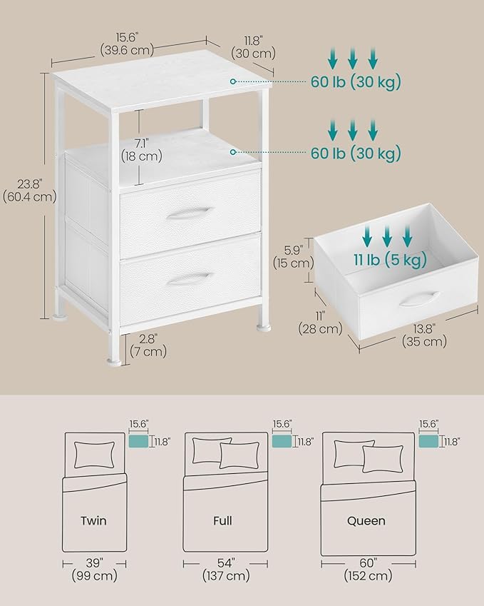 SONGMICS Nightstand, Bed Side Table, End Table with 2 Drawers and 1 Open Shelf, Industrial, Set of 2, Cloud White, BELLAH Collection ULGS062W101S
