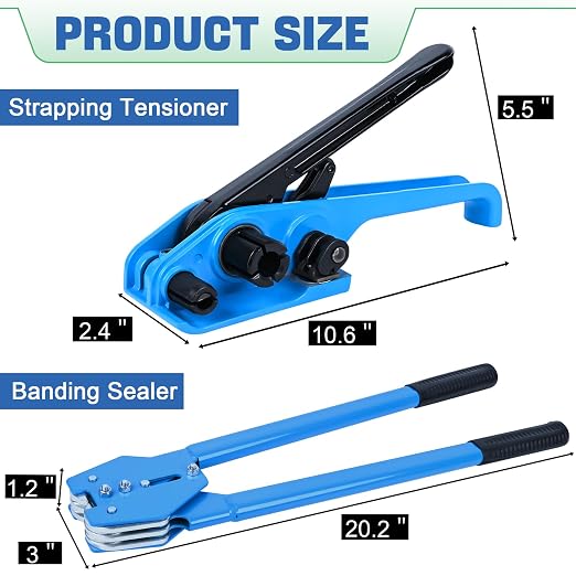 MYFAMIREA Banding Packaging Pallet Strapping Kit Poly Strapping Tensioner Tool, Banding Sealer Tool, 1772 FT Banding, 400 Metal Seals Seals, 200 Packaging Corner, 200 Perforated Wrapping Corner (Blue)