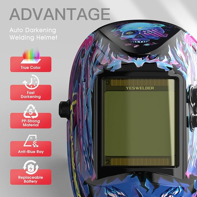 YESWELDER Stick Welder 125Amp Large LED Display Digital 110V ARC Welder & Large Viewing Screen 3.93"X3.66" True Color Solar Power Auto Darkening Welding Helmet, 4 Arc Sensors Welder Mask