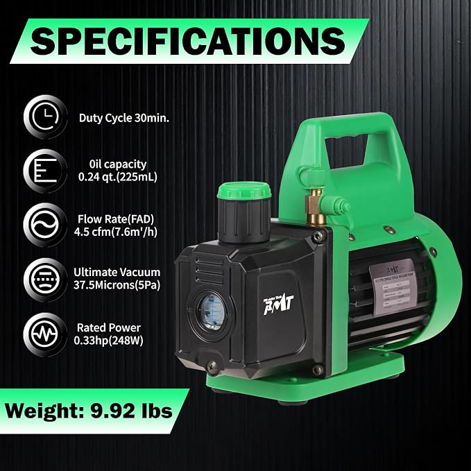 PB Motor Tech Vacuum Pump & Gauge Set, 4.5 CFM Pump w/Aluminum Manifold Gauge, Quick Couplers, Two Can Taps, 410 Adapter, for R134A, R410A, R22, R404A Refrigerants & AC Maintenance (Green)