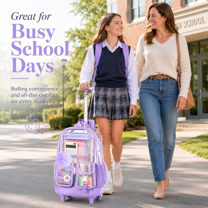 CCJPX 3Pcs Clear Rolling Backpack for Girls Women, Heavy Duty PVC Transparent Wheeled Bookbag, See Through School Bags with Wheels for Teens Elementary Travel - Purple