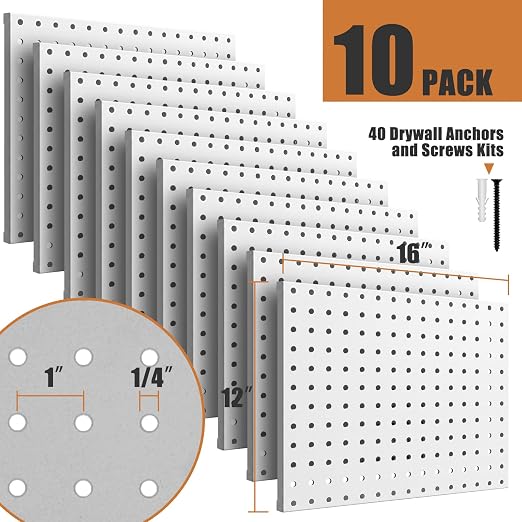 PBHEPJ 10 Pcs Metal Pegboard Panels, Heavy Duty Peg Boards for Garage and Garden Tool Storage, Includes Drywall Anchors and Screws Kits, White (10 pcs 16in x 12in)