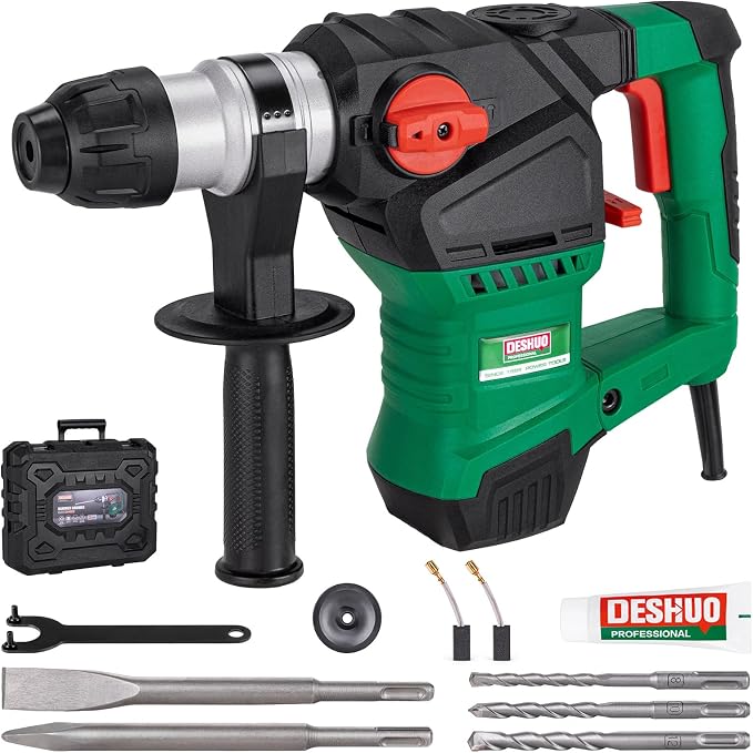 1-1/4" Heavy Duty SDS-Plus Rotary Hammer Drill for Concrete/Masonry | 12.5 Amp Corded Electric 11.5 Lbs 3 Functions Safety Clutch Demolition Rotomartillo w/ 3 Drill Bits 2 Chisels Carrying Case