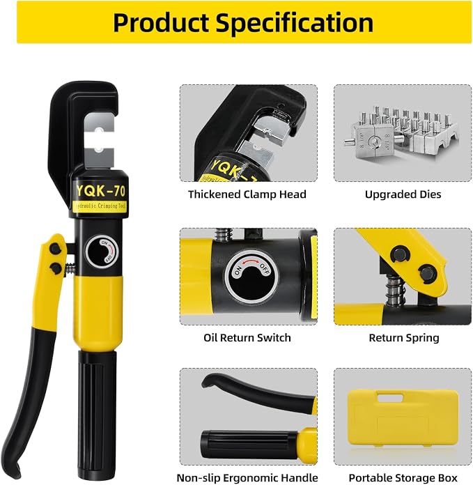 10 Ton Hydraulic Crimping Tool Kit with 9 Dies for Battery Cable (12 AWG to 2/0) - Hydraulic Cable Crimper for Electrical Terminals & Wire Connectors