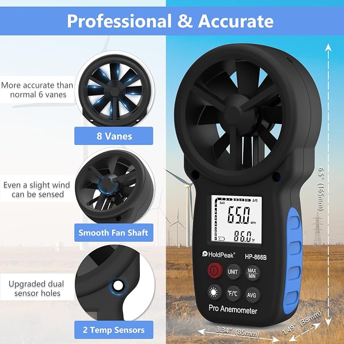 [2 PCS] HoldPeak 866B Handheld Anemometer, Digital Wind Speed Gauge Meter, Air Flow Velocity Temperature CFM Measuring Device for HVAC Outdoor Sailing Shooting Golf