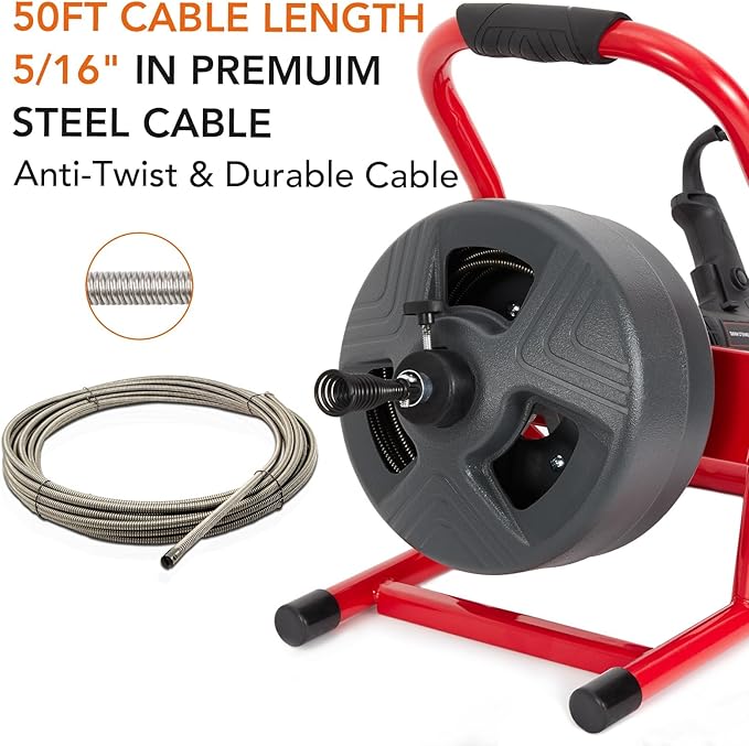 Drain Cleaner Machine 50Ft x 5/16 Inch, Electric Drain Auger with Foot Switch, Sewer Snake for 3/4 to 3 Inch Pipes, Includes 6 Cutters & Gloves