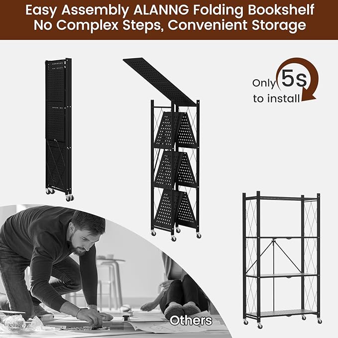 ALANNG 4 Tier Folding Storage Shelf on Wheels,Heavy Duty Metal Rolling Cart | 264 lbs Capacity, No Tools Assembly, Folds to 3.9", Lockable Casters, Portable for Kitchen Laundry Garage