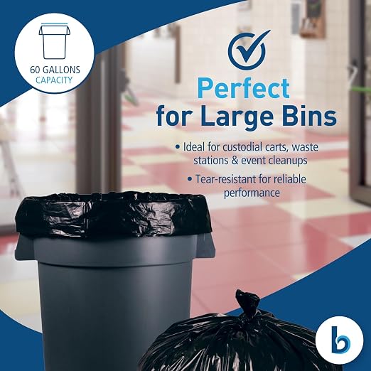 Boardwalk Recycled Resin Black Can Liners for Garbage Cans | 60 Gallon Waste Capacity | 1.2 mil 38x58 Inch Heavy Duty Trash Bags with Star-Sealed Bottom Design | Coreless 50-Bag Roll