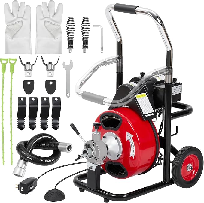 Garvee Drain Cleaner Machine, 75 ft X 1/2 in Professional Automatic Electric Drain Auger for 1 to 4 in Pipes, Portable Electric Drain Snake with 4 Cutters & Foot Switch and Pair of Gloves