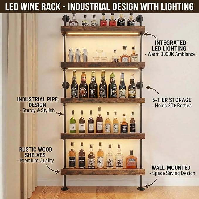 5-Tier Wall Mounted Wine Rack with LED, Industrial Pipe Bar Shelf for Wine Bottle Storage, Industrial Pipe Shelves Shelf Shelving for Home Bar Dining Room Kitchen (31.5INCH-LED)