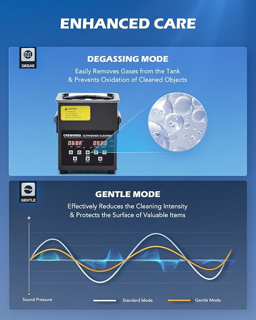 CREWORKS 2L Digital Ultrasonic Cleaning Machine with Degas and Gentle Mode, 60W Ultrasonic Cleaner Machine with Heater and Timer, 0.5 gal Ultrasound Cleaner for Retainer Watch Denture Glasses More